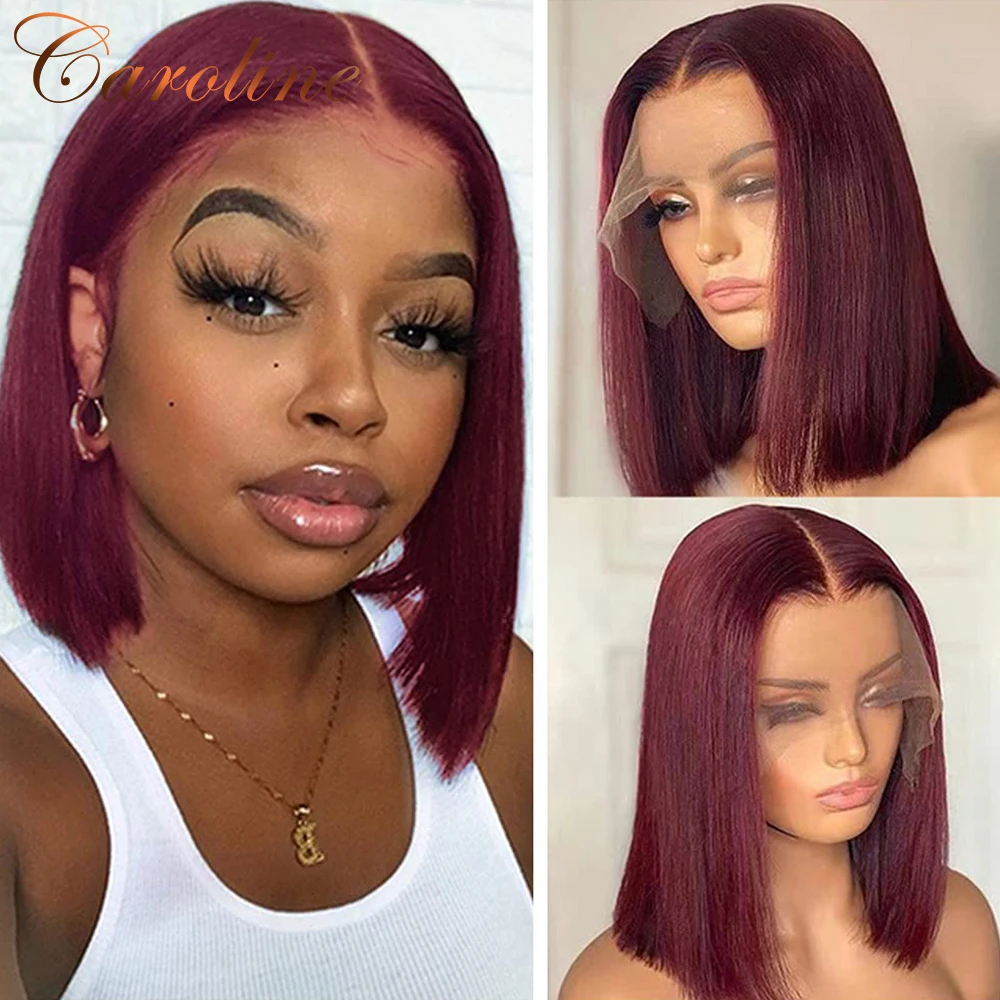 

Burgundy 99j Red Colored Human Hair Wigs For Women Short Straight Bob Transparent Lace Frontal Wigs 180% Density Brazilian Wig