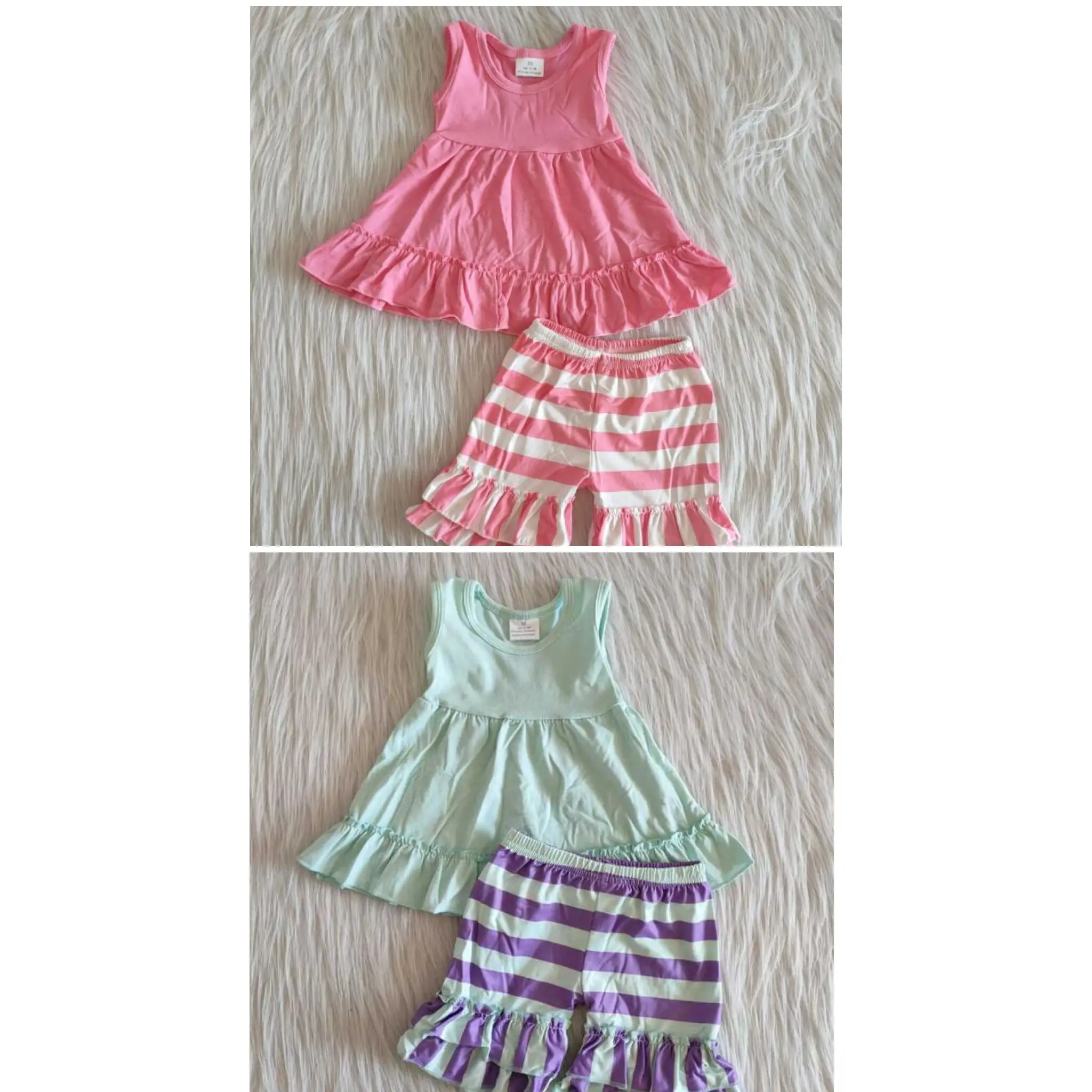 

Розовый и голубой хлопковый костюм для девочек RTS Boutique Sister, туника, топ + шорты с оборками в полоску, милые наряды в наличии