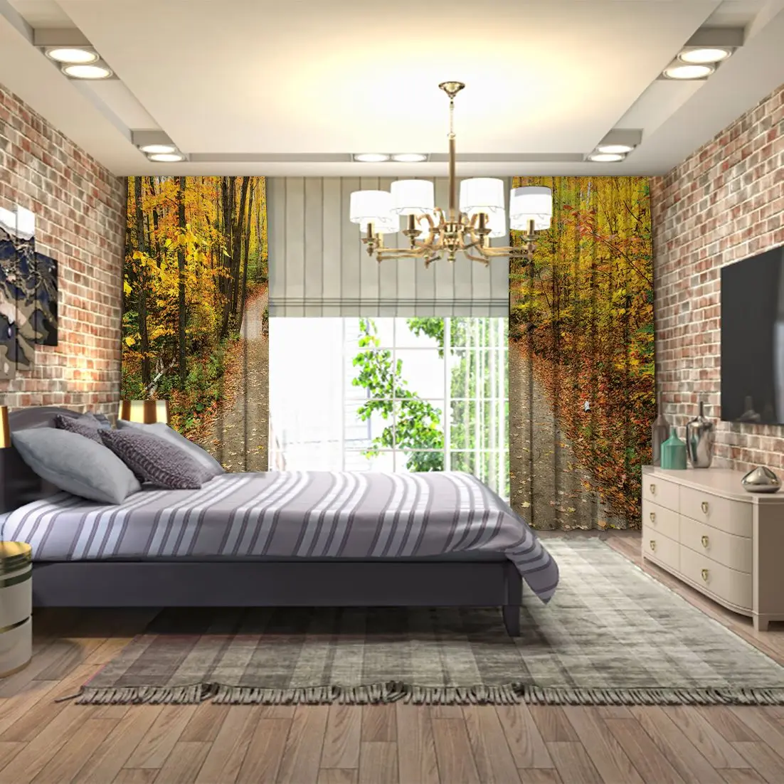 Занавес дорожка бегущая по лесным деревьям с красочными листьями в осенний сезон