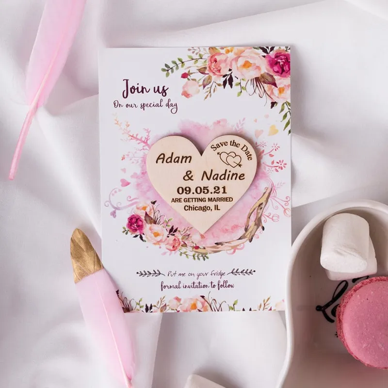 Сердце сохранить дату магнит с картами деревенский круглый свадебные деревянные