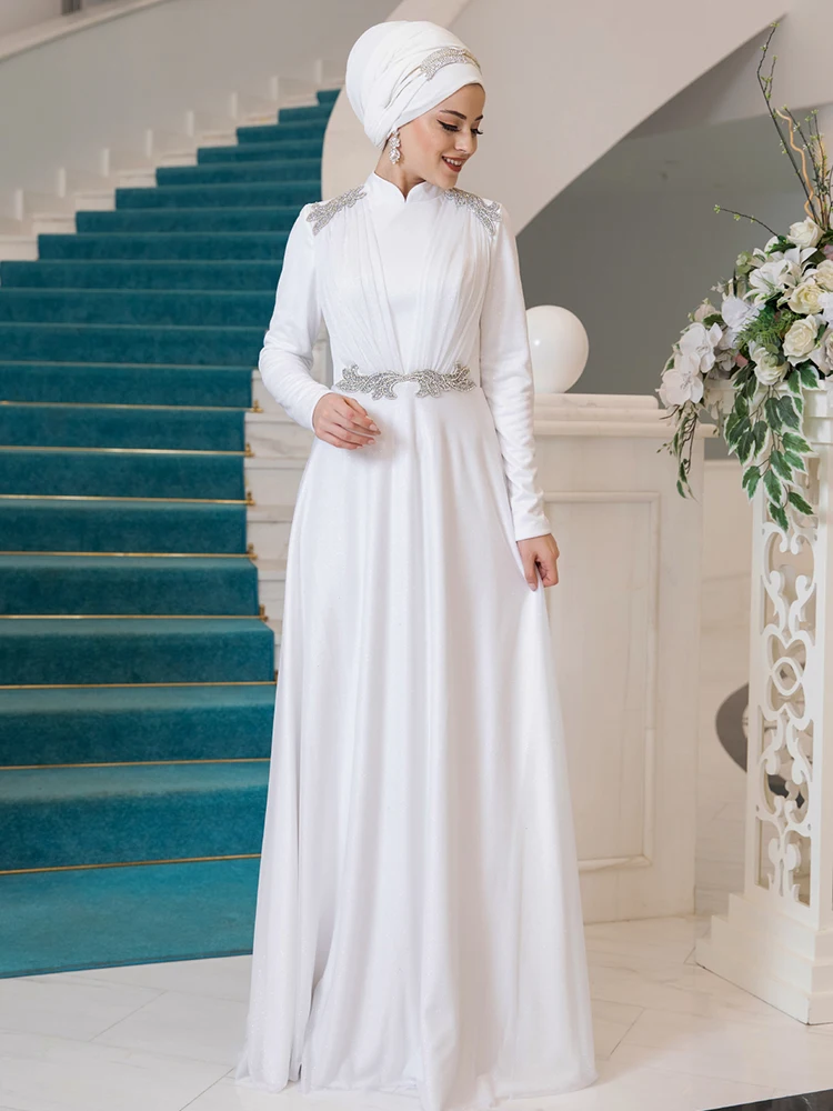 White Color Hijab Evening Dress For 