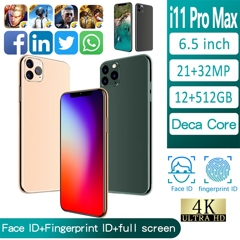 Глобальная версия i11Pro Max 5G смартфонов 12 Гб + 512 6 5 &quotдюймовый 21MP 32MP HD Камера