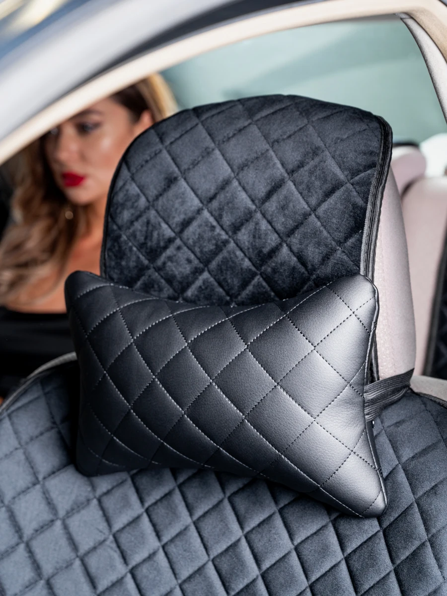 Pillow under the neck carstyle of eco-leather black rhombus |