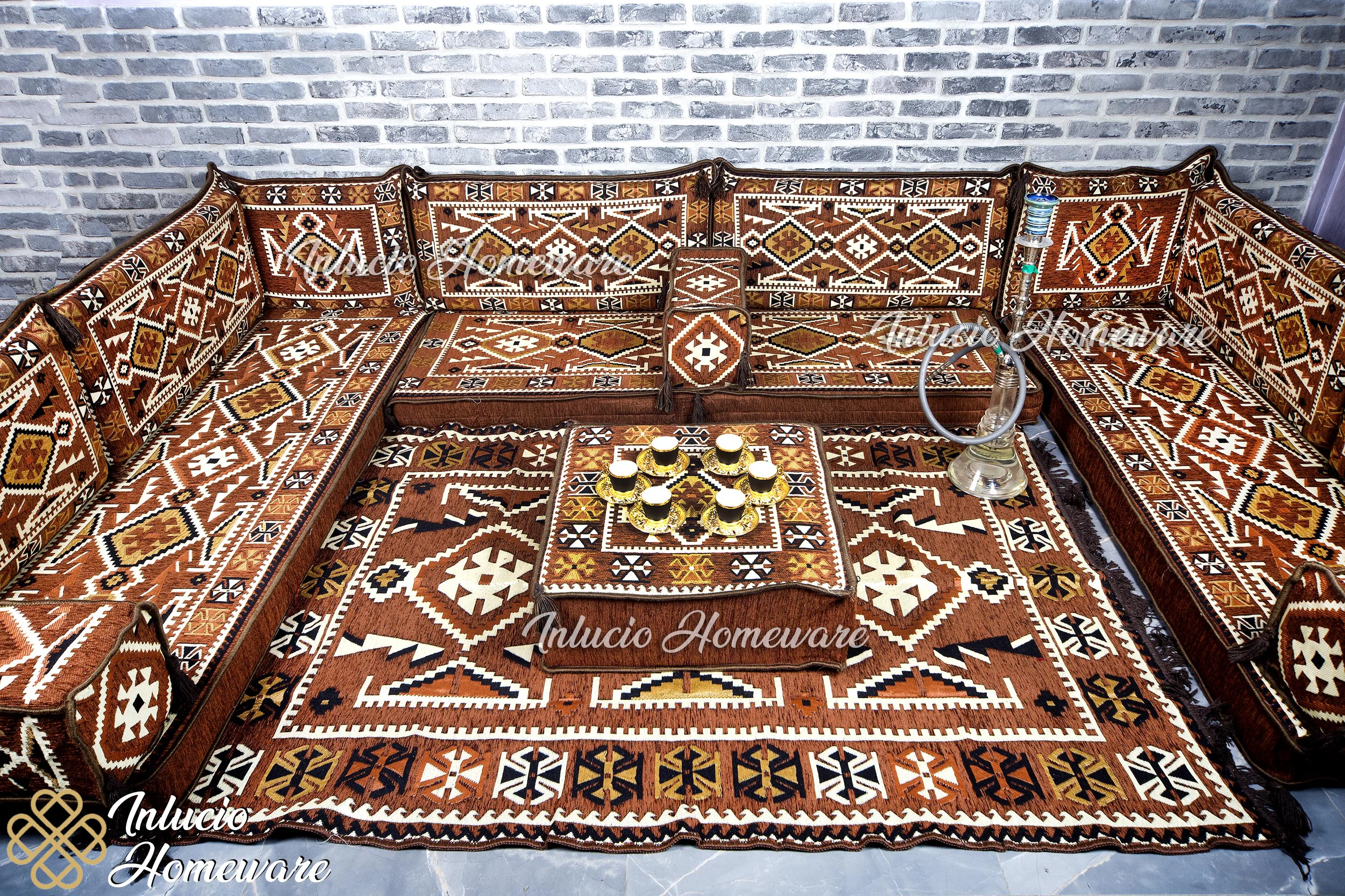 

Arabic Majlis Set Arabic Jalsa Japanese Sofa U Shaped Floor Cushion Brown Traditional Pillow Set Carpet Ottoman Furniture