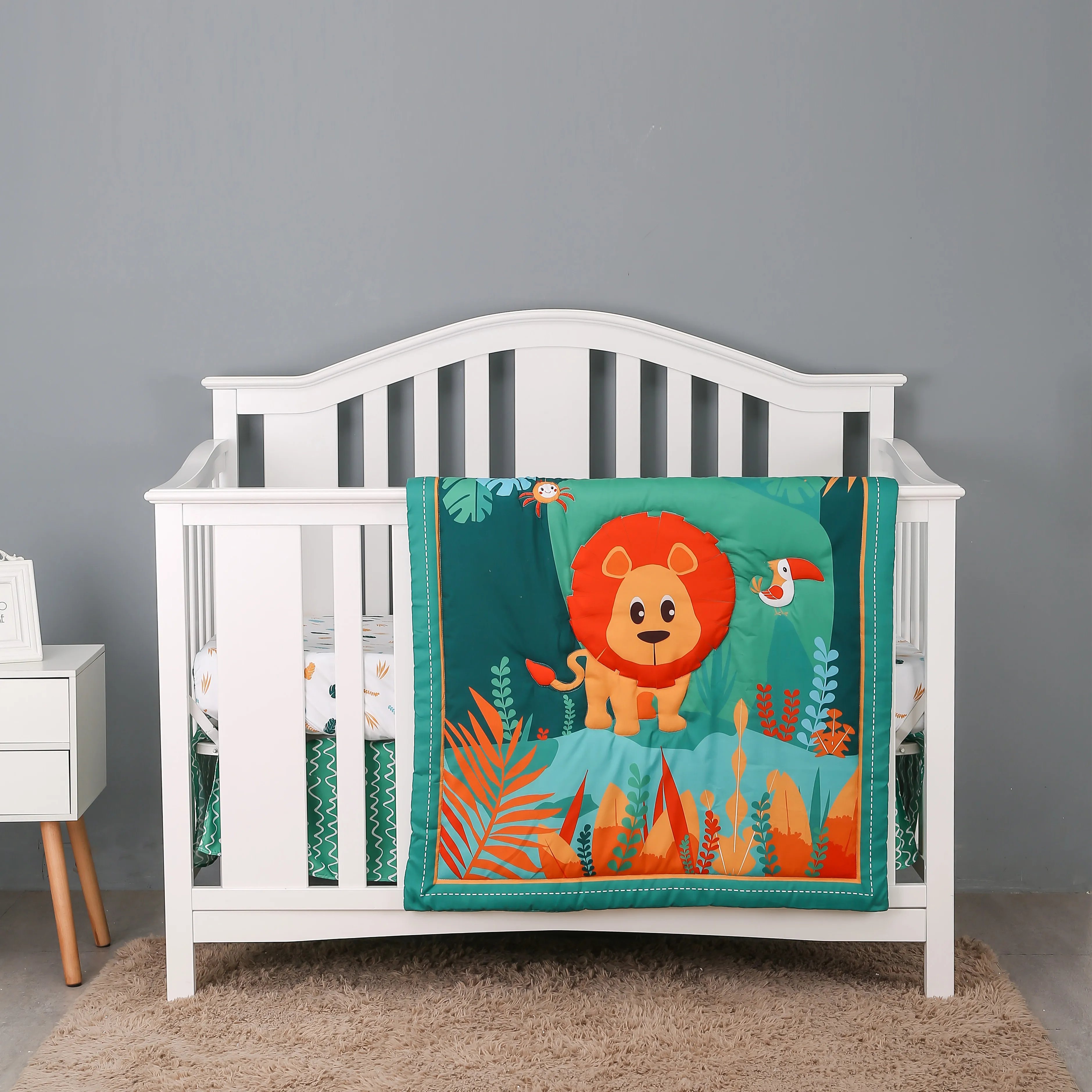 3pcs micro fiber brushed Baby Crib Bedding Set green jungle design lion boys cheep including quilt, crib sheet, crib skirt