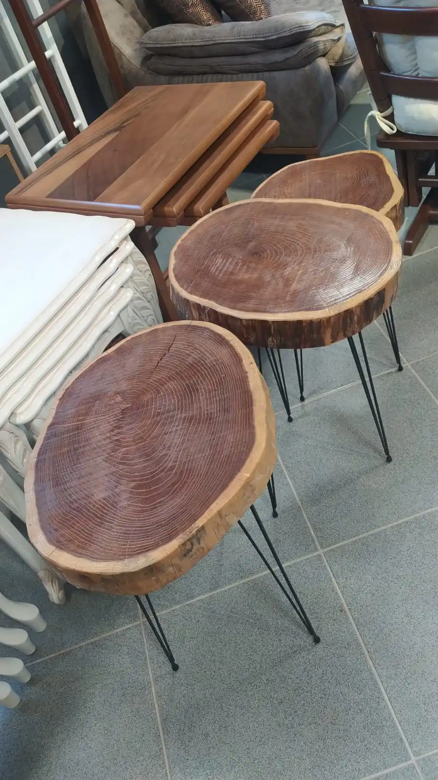 

Custom Hand Job Design Furniture Wood Pattern Natural Varnished Baked Fancy Pattern 3'lü Metal Foot Zigon Coffee Table