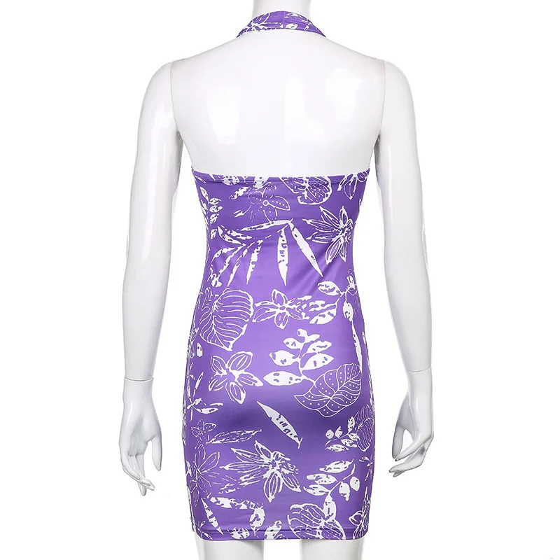 

Summer Halter V Neck Mini Dress Women Y2K Backless Purple Floral Lace Up Bodycon Dresses 2021 Party Beach Club Slim Streetwear