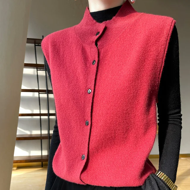 

Hot Sale Women Cashmere Knitted Cardigan Slim Vest Fashion Sleeveless Half Turtleneck Short Sweater Solid Color Wool Vest