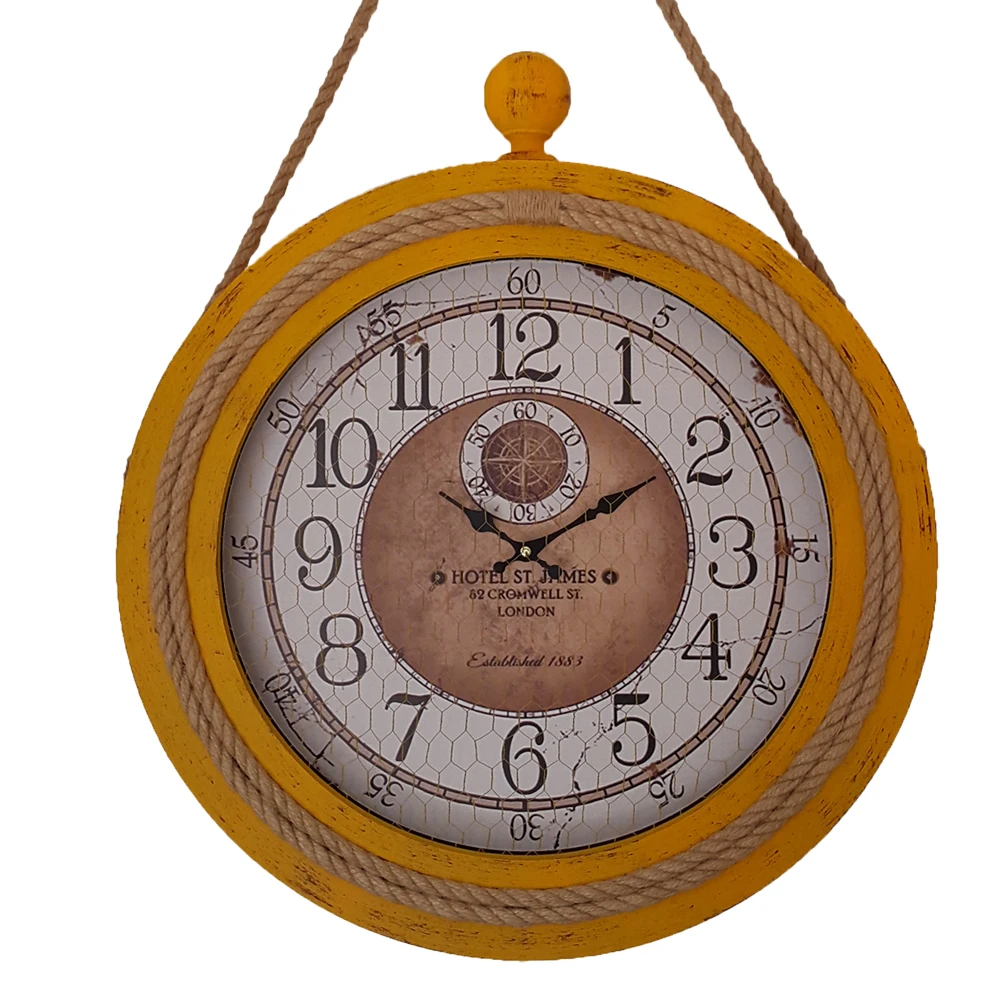 

Rope Hanging Front Side Decorative Wire Wooden Wall Clock Yellow 50cm