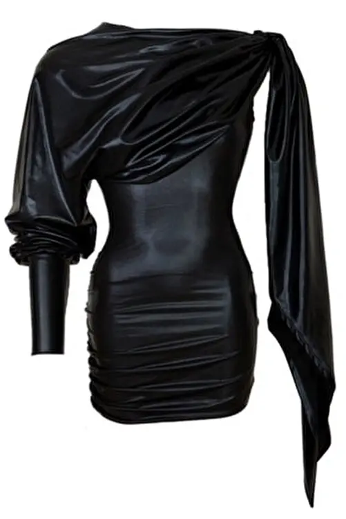 Betty & Sam Kadın Siyah Deri Büzgülü Tek Kol Elbise 5189