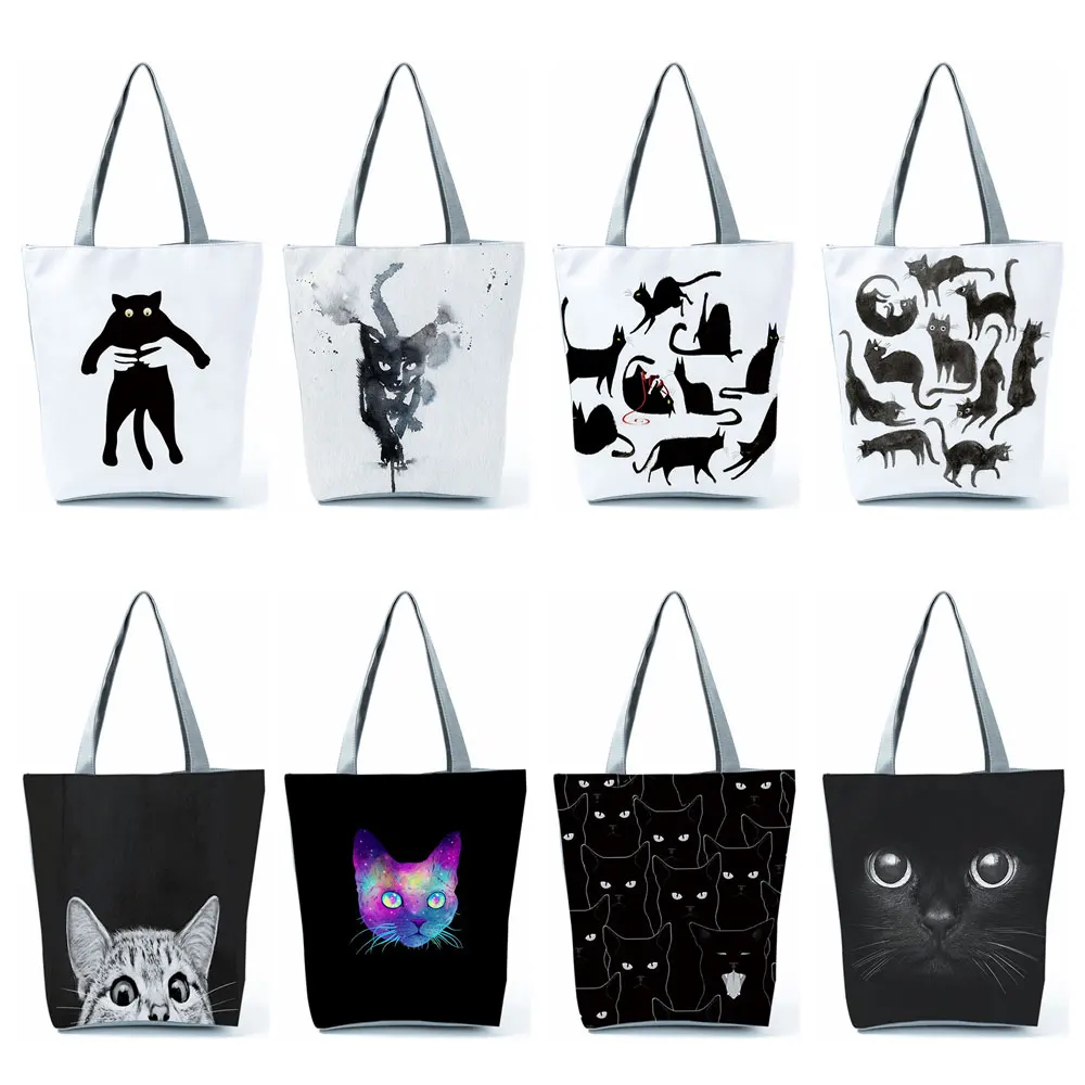 

New Design Bags Women Bag 2021 Black Cat Print Shopper Bag Handbag Office Reusable Casual Shoulder Bags Chic Tote Bag For Travel