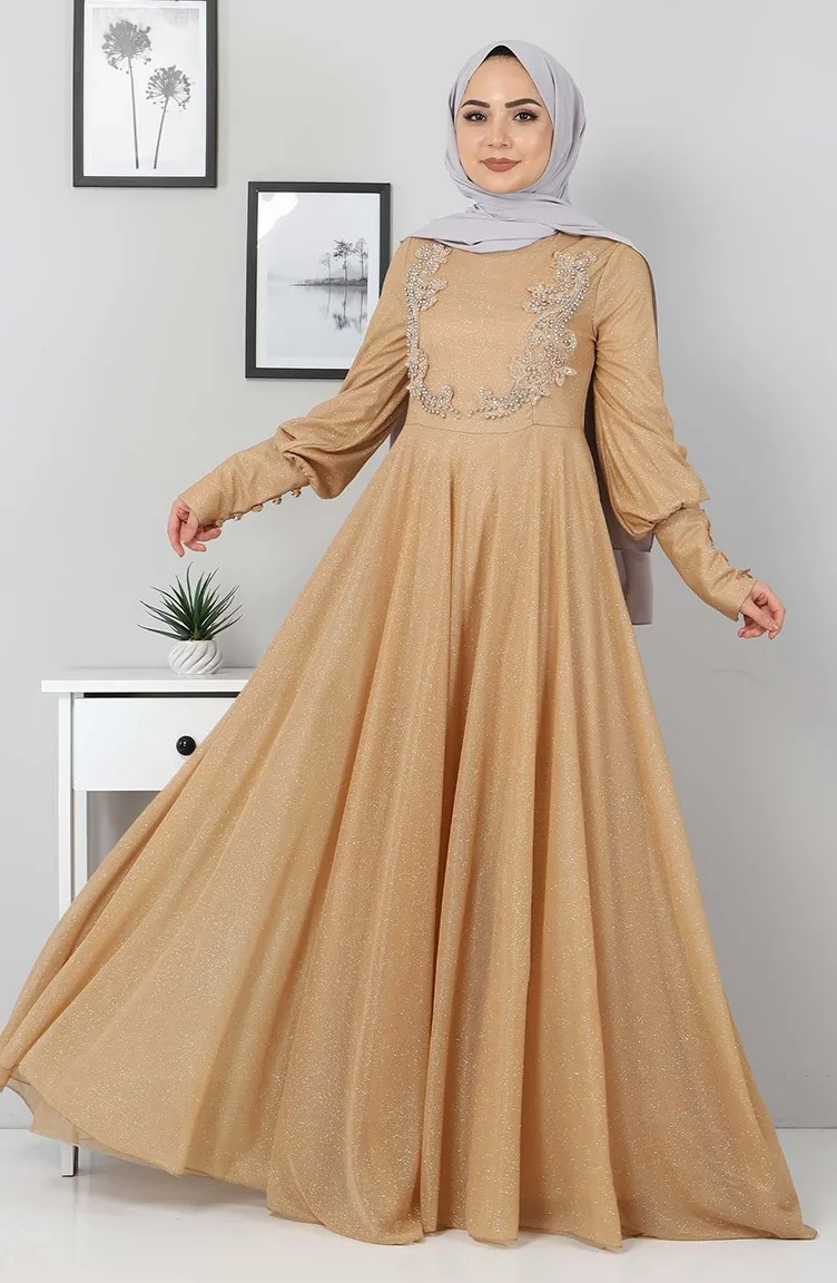 

Islamic Abaya Woman Dress Hijab Lace Detailed Silvery Evening Dress Turkish Dubai Muslim Dress Wedding Fashion Arabic Clothes