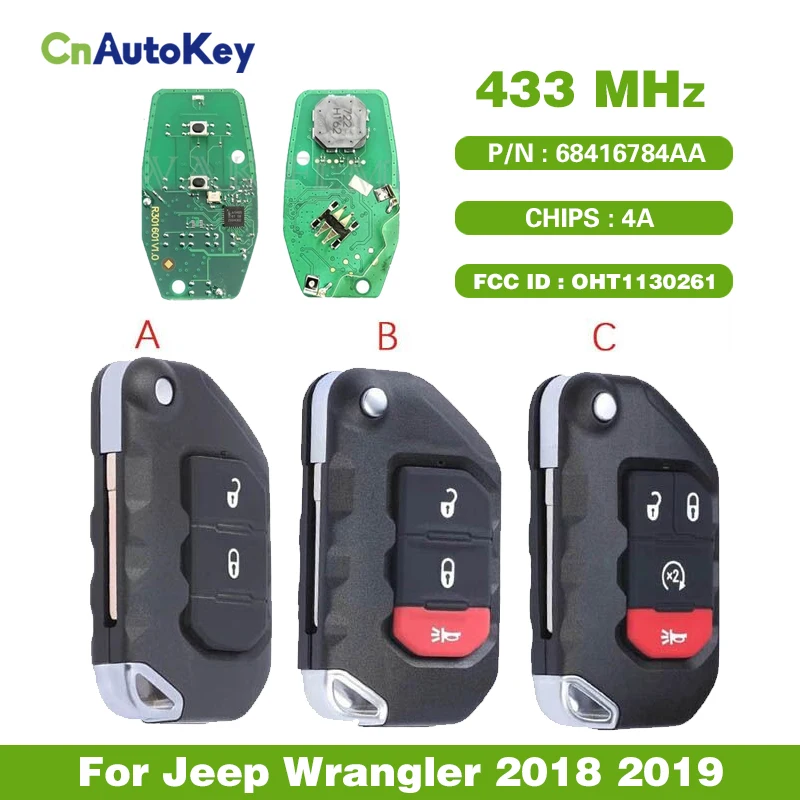 Aftermarket OHT1130261 4A Chip Smart Key For Jeep Wrangler 2018 2019 Remote Car Key Fob 433MHz P/N :68416784AA