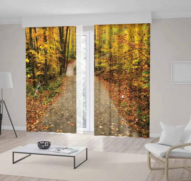 

Curtain A Path Running Through Forest Trees with Colorful Leaves During the Autumn Seasonal Orange Green Scenery Print