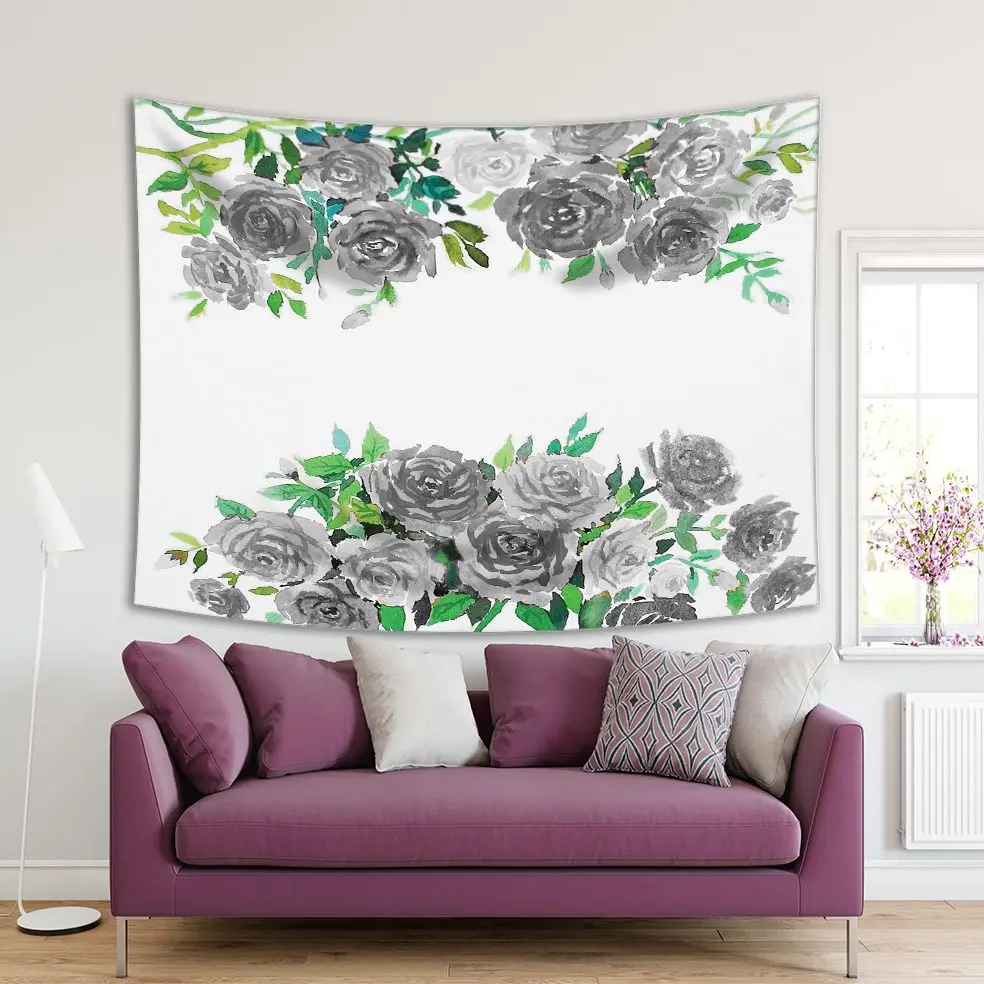 

Tapestry Roses and Leaves Bouquet Summer Blooms Garden Flowers Nature Romance Watercolor Artwork Gray Green