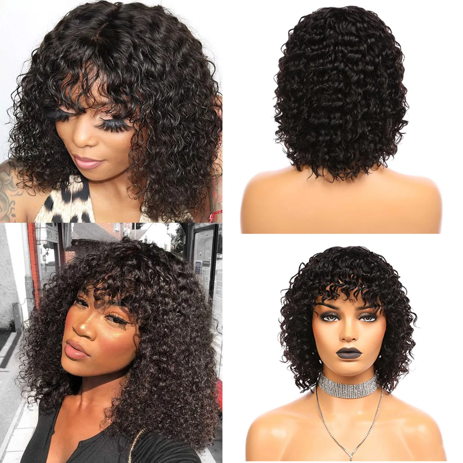 

Natural Black Afro Kinky Curly Bob No Lace Front Wig 150% Density Brazilian Remy Deep Wave Machine Made Human Hair Short Bob Wig