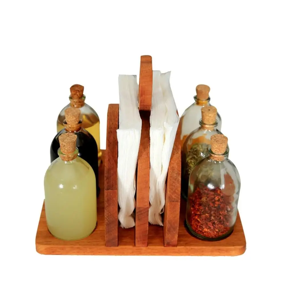 

Wooden Bamboo Napkin Holder Oil-Vinegar Spice Rack Set