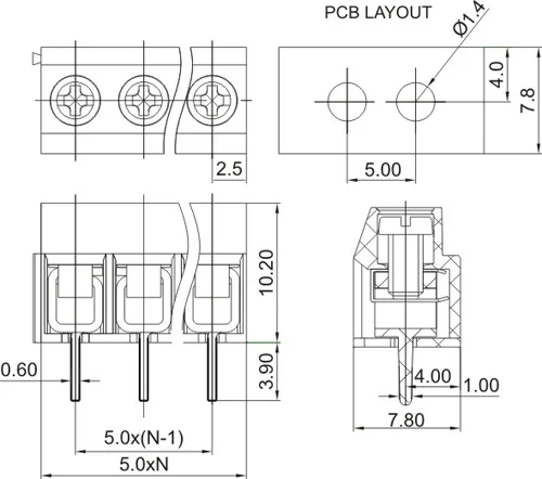 (Упаковка из 15 и более) DG126-5.0-03P-14 CLEMA/Прямая клемма PCB 3VIAS R:5 мм 250 В/16A (дегсон) | Пульты