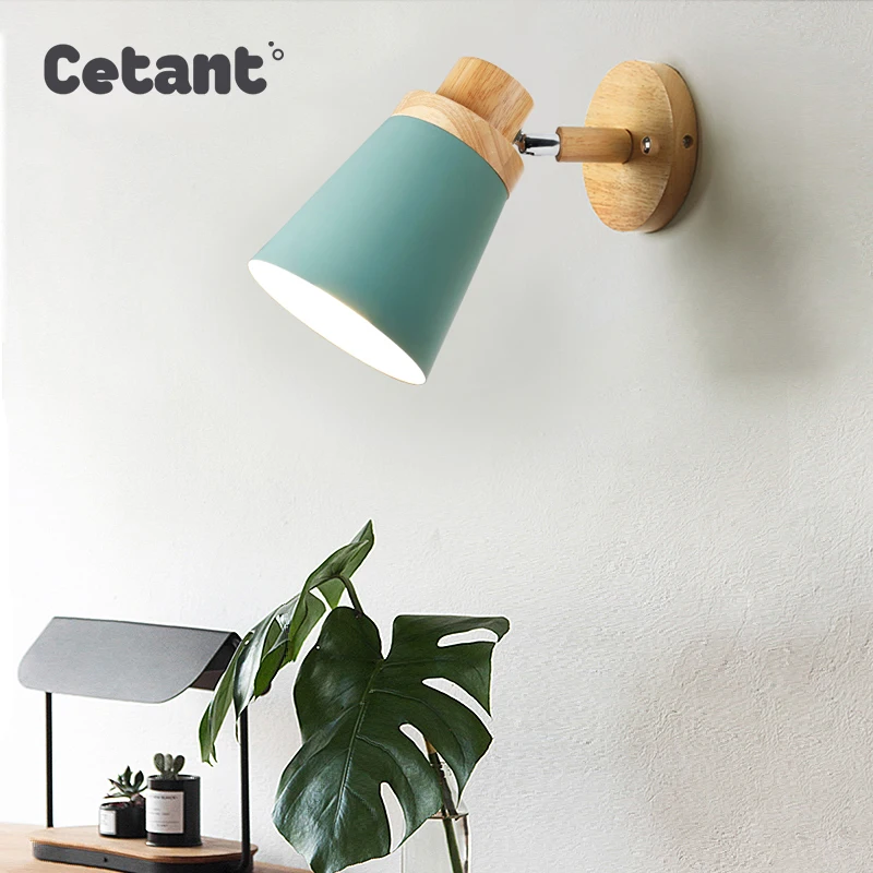 Скандинавская современная настенная лампа cфэ деревянная прикроватная E27