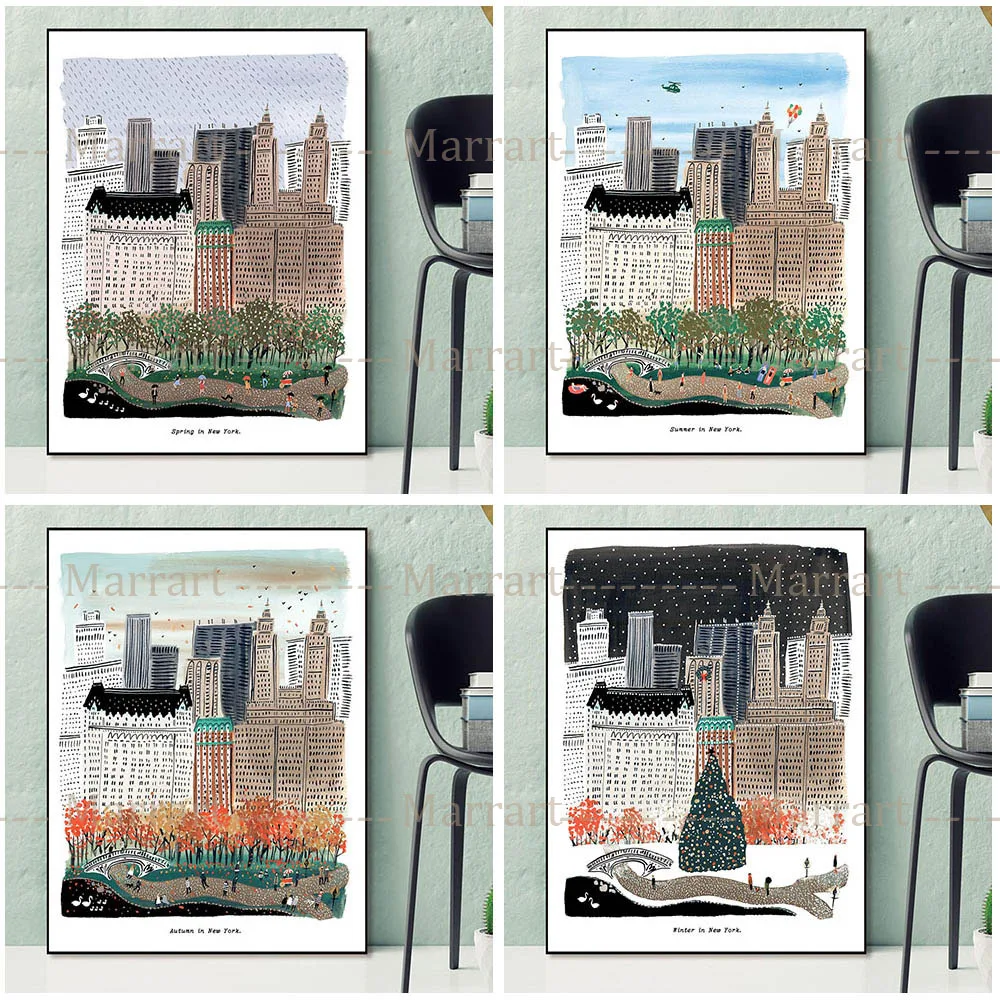 

Four Seasons View Of New York Central Park Wall Art Poster Prints Urban Scenery Gouache Art Canvas Prints For Living Room Decor