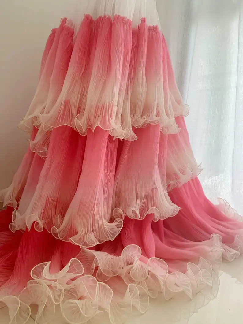 

Bridal Wavy Ruffle Organza Fabric Pink Green 54" Width Sold By The Yard