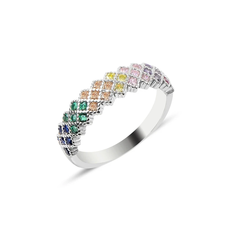 

Silver 925 Sterling 3 Row Mixed Zircon Half Round Ring