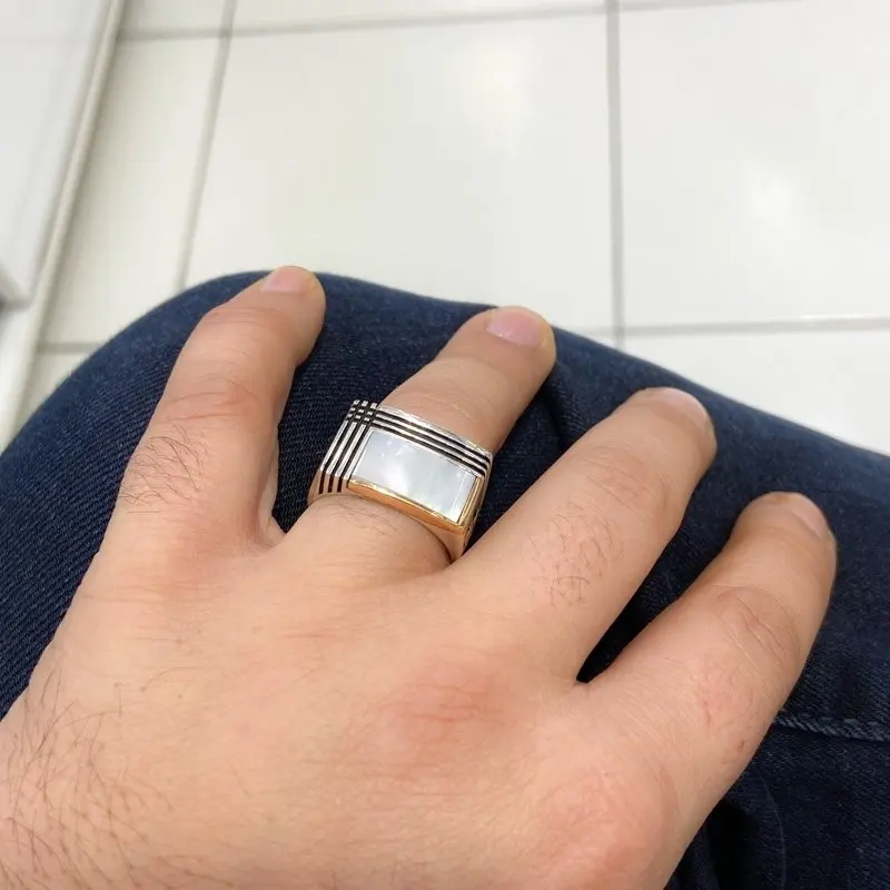Мужское серебряное кольцо Kare Pearl из натурального камня высшего качества|Кольца| |