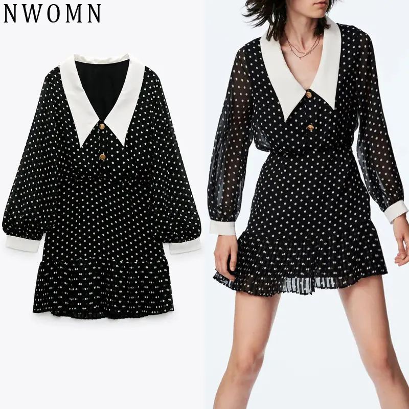 

NWOMN Za Polka Dot Dress Women Chiffon Tulle Dress Woman Black Mini Elegant Dresses Ruched Ruffle Long Sleeve Autumn Short Dress