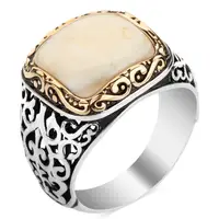 Rectangular Design Silver Mens Ring with Mother of Pearl Fashion Turkish Premium Quality Handmade Jawelery