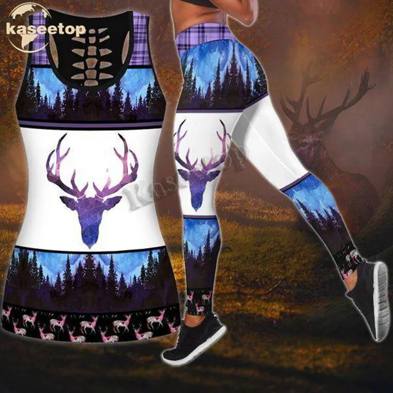 

Graphic Deer Purple Back & White Two Piece Yoga Set Women 3D Print Vest Hollow Out Hollow Tank & Legging Outfit Summer LK180