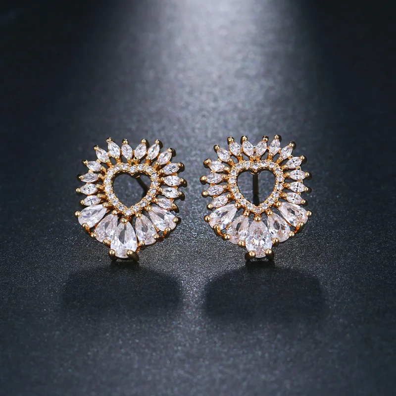

14K Gold Plated High Polish Round Cut Zirconia Exquisite Trendy Heart Openwork Stud Earrings For Women,Girls