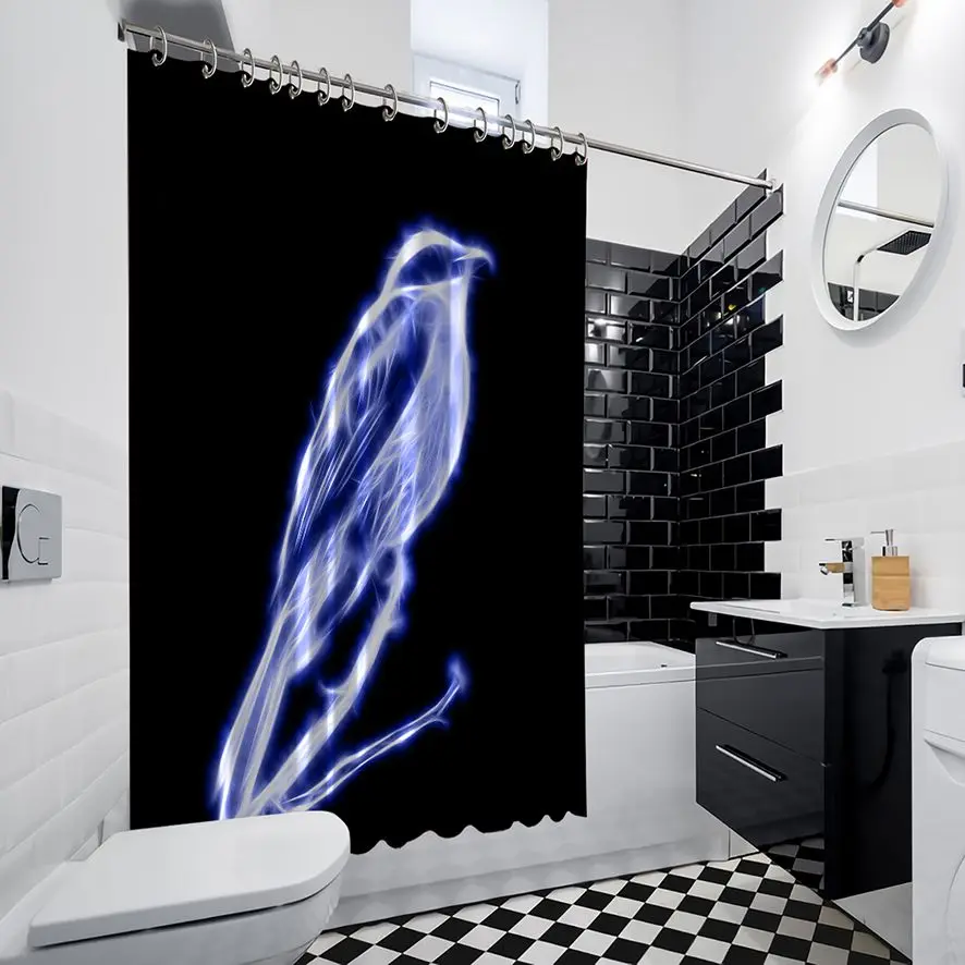 Fiyat Shower Curtain Abstract Glowing Bird Pattern In Dark Space Decorative Futuristic Digital Artwork Blue White Black