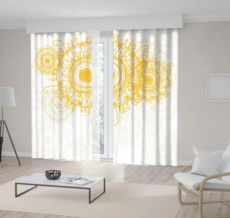 

Curtain Abstract Sun Round Shapes Curly Lines Fun Bright Decorative Floral Art Yellow White