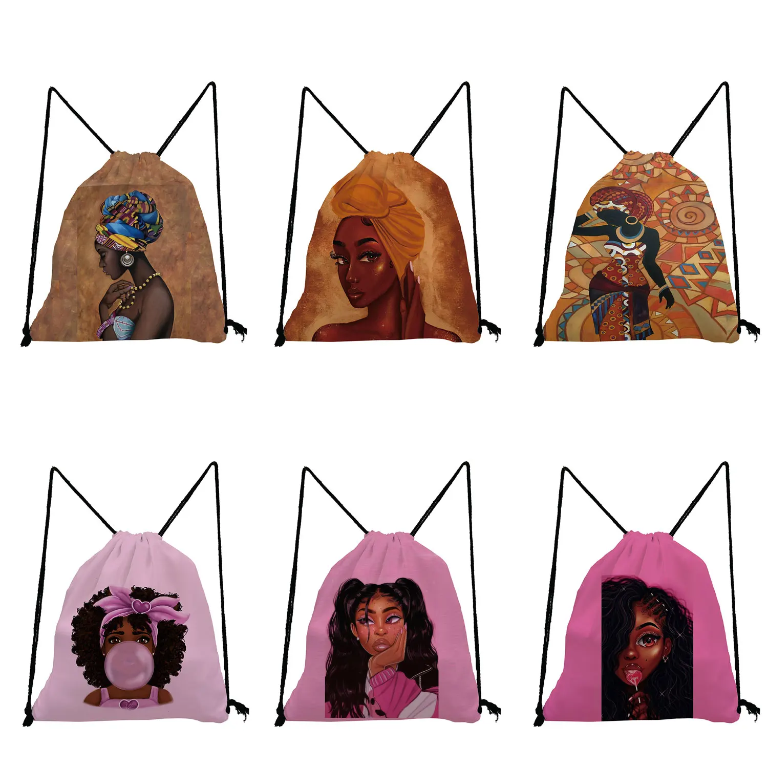 

Afro Girl Printing Daily Unisex Soft Back Bags Drawstring Bags Boys Football Bag Bookbag Reusable Travel Backpack Bag Female