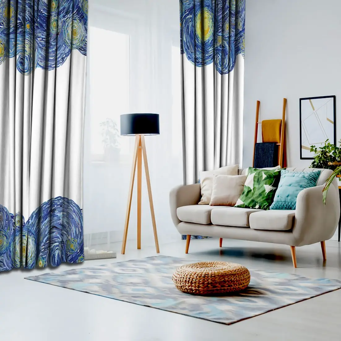 Занавес звездное ночное небо со светящейся Луной и облаками с Ван Гогом