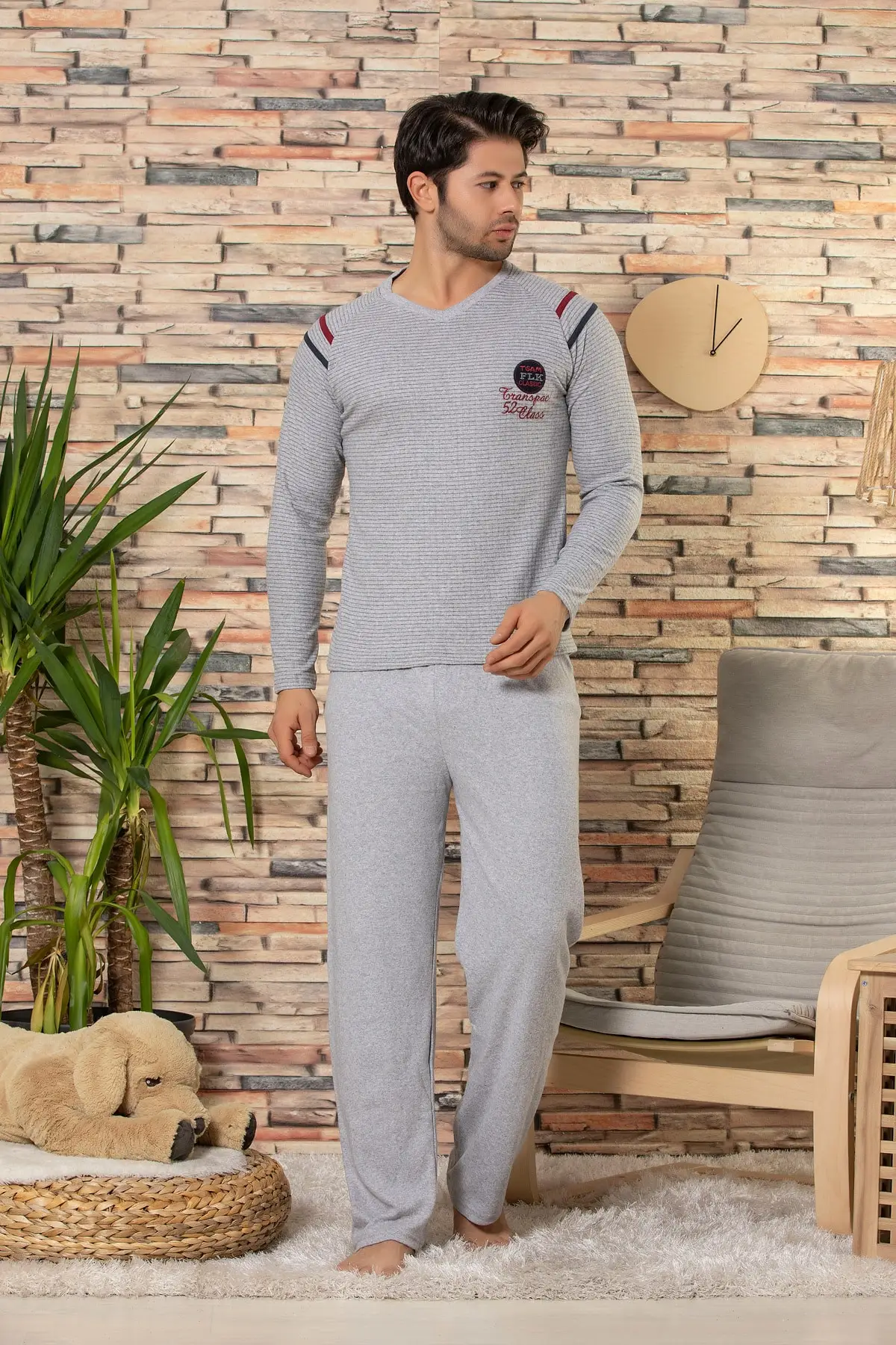 Мужской Хлопковый Пижамный костюм с длинными рукавами и рисунком клубники |