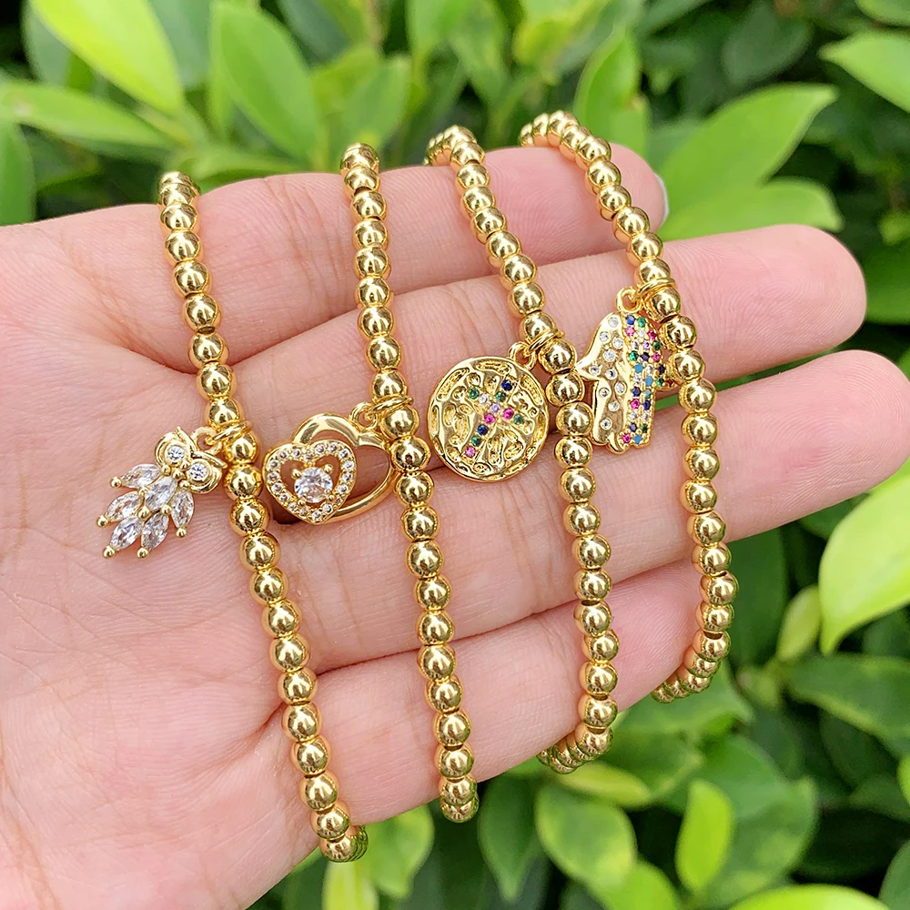 

Zircon Harms Hand/Heart Shape Brass Accessories 18K Gold Plated Bead Chain Bangle Elastic Bead Bracelet Delicate Jewelry
