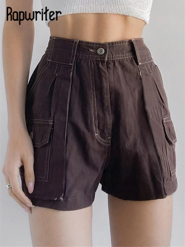 

Rapwriter Vintage Brown Pocket Shorts Casual Bright Line Cargo Shorts For Women 2000s Grunge High Waist Booty Shorts Streetwear