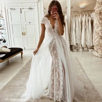 sexy deep v neck illusion wedding dress boho high split bridal dresses 2020 lace robe de soir%c3%a9e de mariage plus size