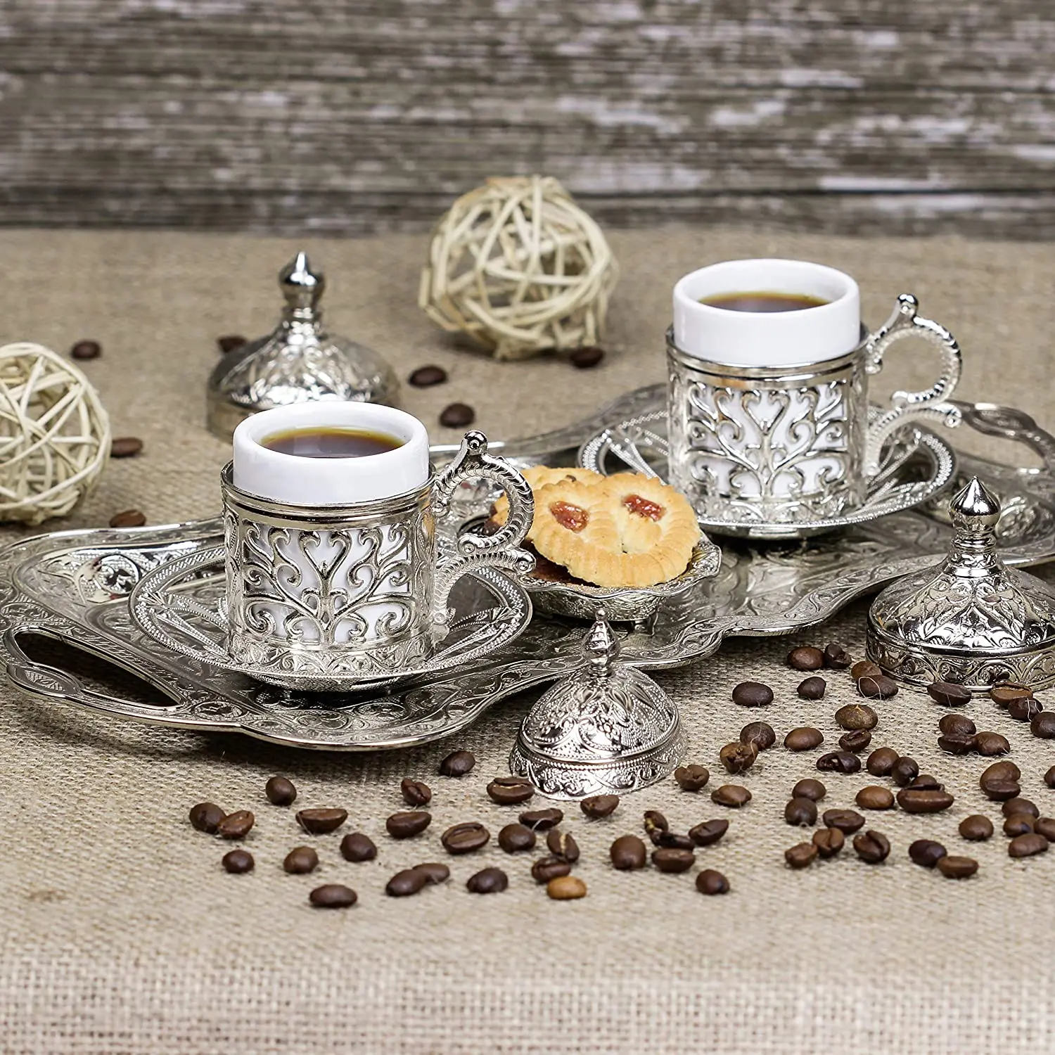 

Coffee Set: Set of 2 Turkish Coffee Cups, Sweet Plate, Silver Copper | Copper Turkish Coffee Set with Ottoman Cups | Set of 2