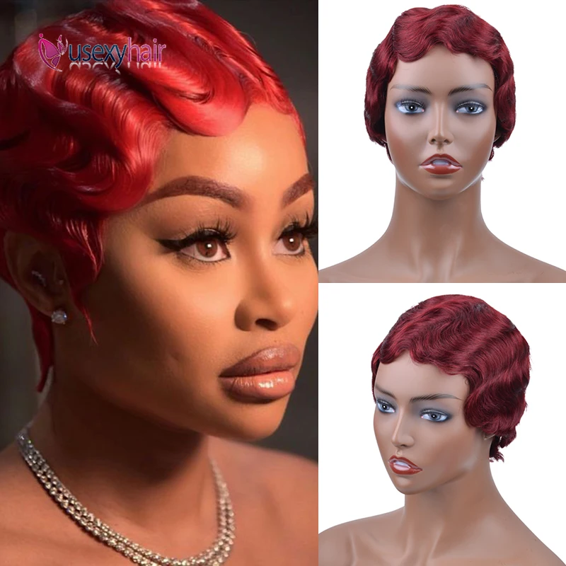 Парики из человеческих волос на пальцах Короткие вьющиеся парики для черных