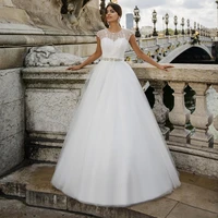 modest o neck a line bridal gowns 2021 applique cap sleeve bow custom made tulle wedding dress with beading