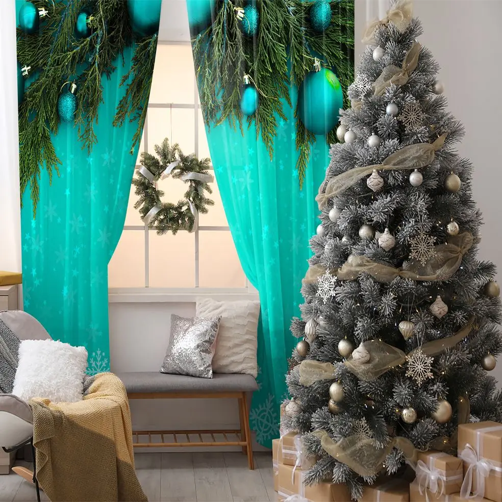 

Curtain Decorating Baubles Fir Tree Branches Snowflakes Merry Christmas Theme Green Blue White