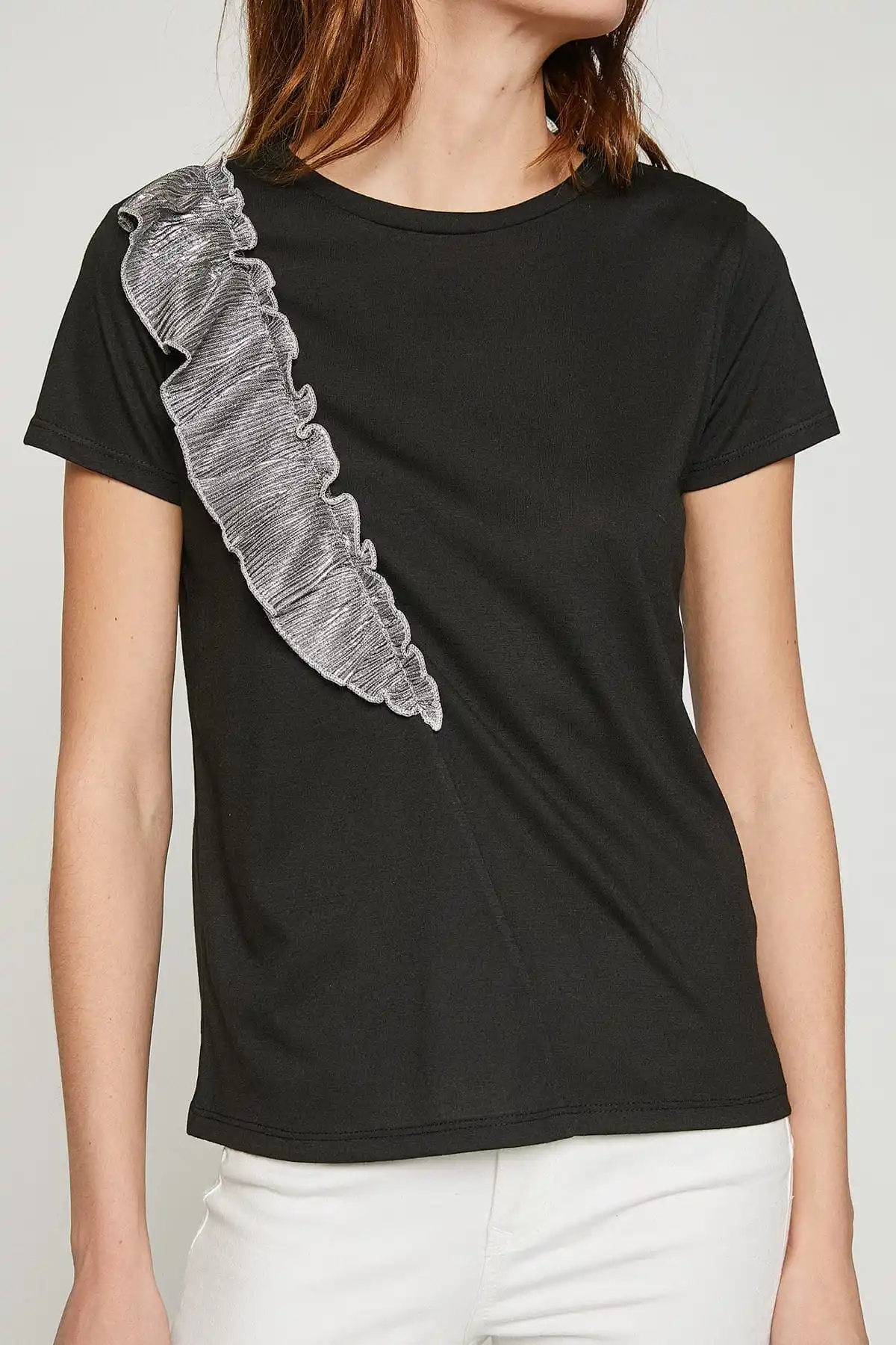 Koton женский черный велосипедные шлемы футболка с круглым вырезом 8YAK13190OK | Женская