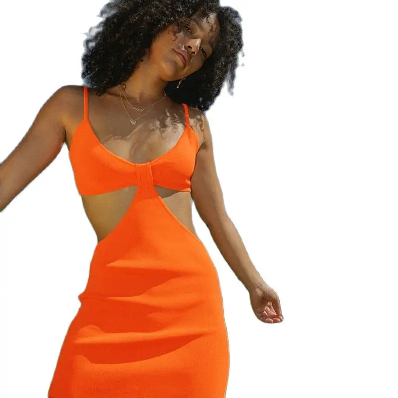 

2022 Ribbed Knitted Neon Women Strap Mini Dress Hollow Out Backless Bodycon Sexy Streetwear Party Club 2022 Summer Clothes