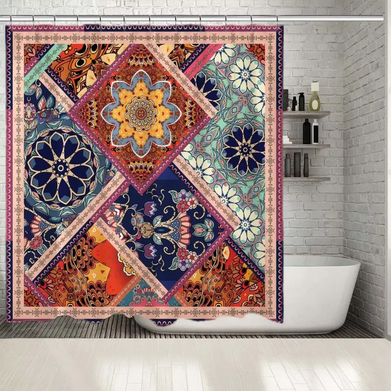 

Shower Curtain Patchwork Pattern with Flowers Mandalas and Ornamental Frame Vintage Decorative Art Blue Yellow Green