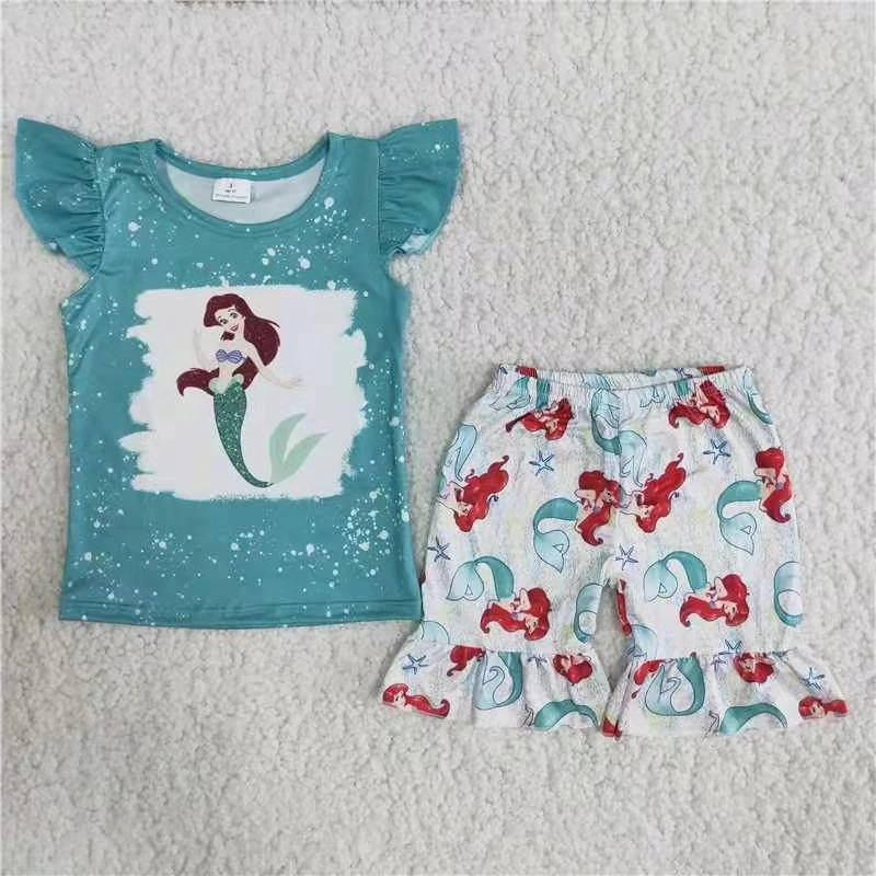 

summer 2 piece girl outfit teen girl clothing set flutter sleeve top and mermaid shorts outfit toddler clothes set