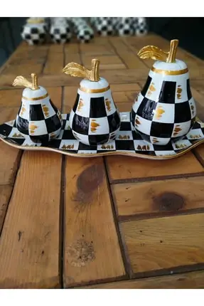 

3-Piece Checkered And Plate Pear Handmade Object. Home Decor Decoration Room Decor Statue. Turkish Hyper Quality