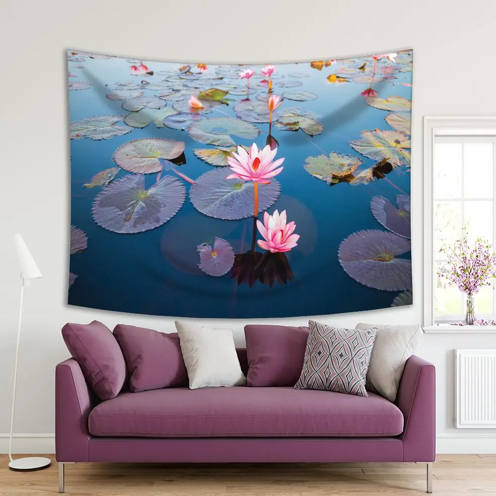

Tapestry Beautiful Lotus Flower in A Lake in Waterlilies Oriental Garden Nature Waterscape Photo Pink Blue Green