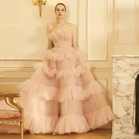 exquisite prom dresses strapless open back layered puffy tulle pink evening dress floor length engagement dress custom made